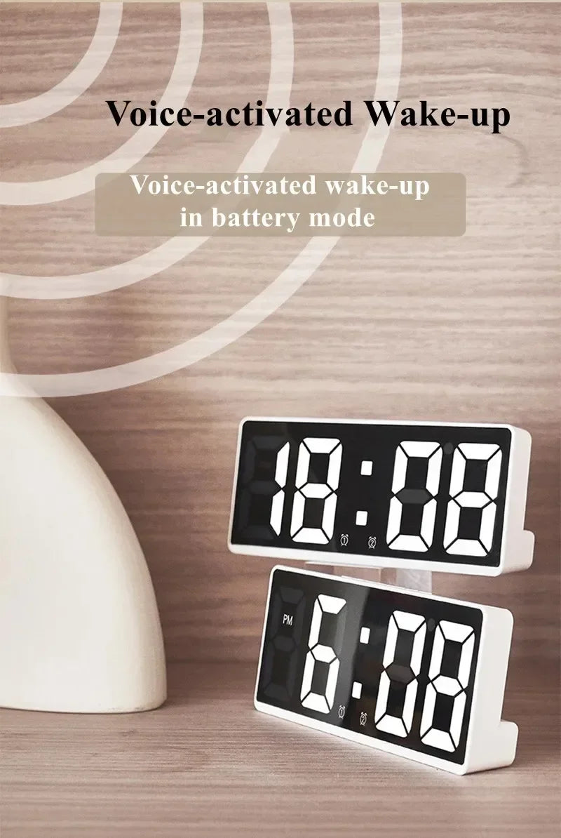 réveil numérique horloge LED noir blanc affichage heure date alarme snooze minimaliste