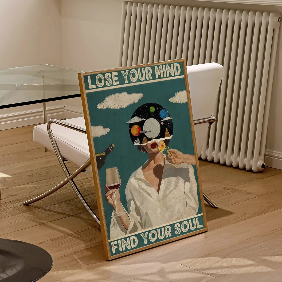 affiche murale impression toile abstraite vintage personnages stylisés disques vinyle fleurs textes bleu blanc