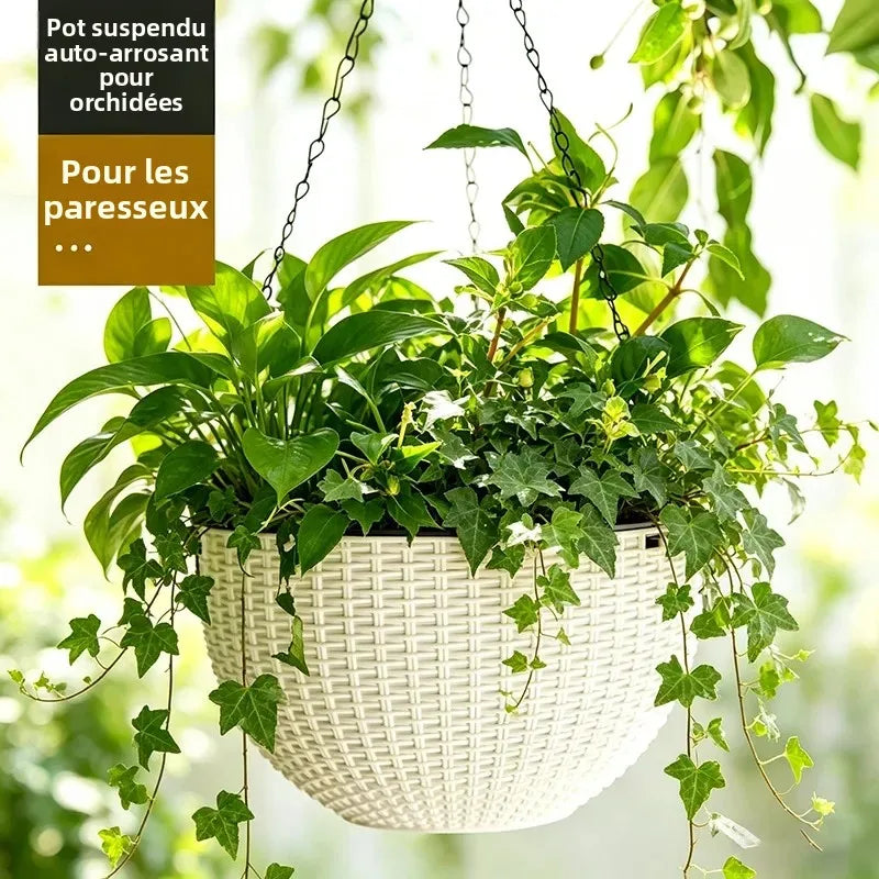 pots suspendus tressés noir blanc bleu moderne crochet chaine cloison autoarrosant