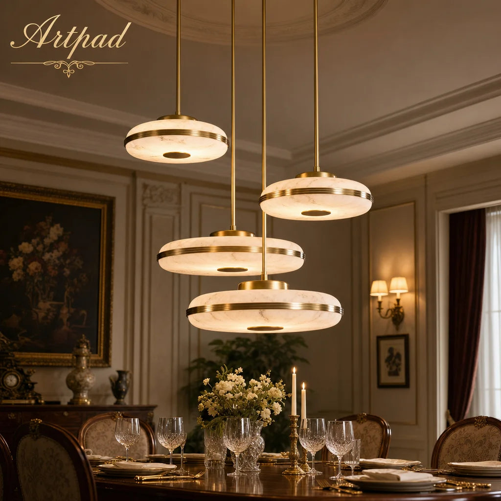 suspension lumineuse moderne marbre doré lumière blanche chaînes métalliques chambre salon restaurant