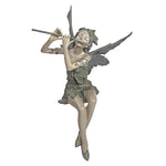 statue fée jouant flûte résine tons gris verts beige ailes feuilles base pierreextérieur jardin
