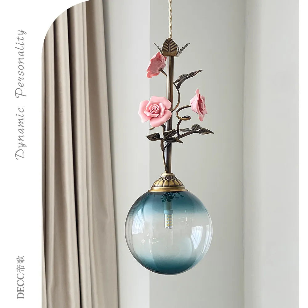 lumière suspendue led rose verre transparent classique floral chambre salon vintage