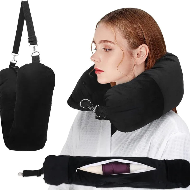coussin voyage velours noir confortable sac rangement zippé lit tête