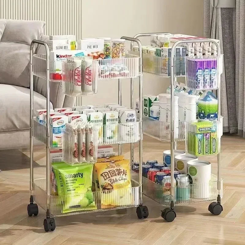 chariot roulettes transparent moderne filetage niveaux boîtes divers biscuits thé cosmétiques jouets