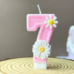 bougies numériques décoratives chiffres fleurs marguerites rose blanche pailletées tringle anniversaire enfantin