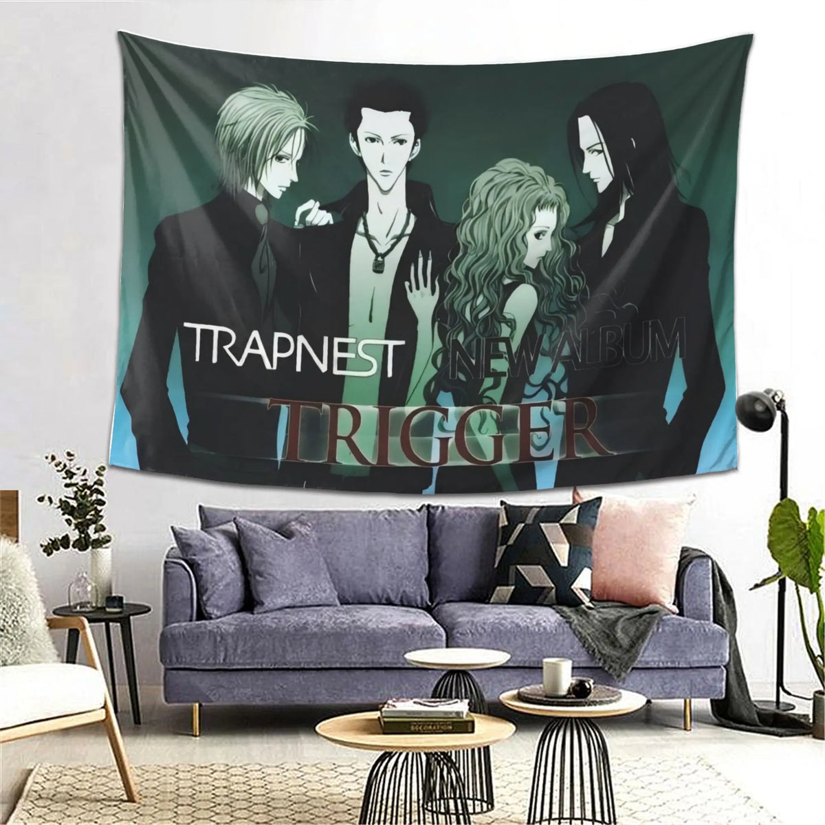 tapisserie murale anime trapnest trigger personnages rock japonais noir vert blanc illustration album musique