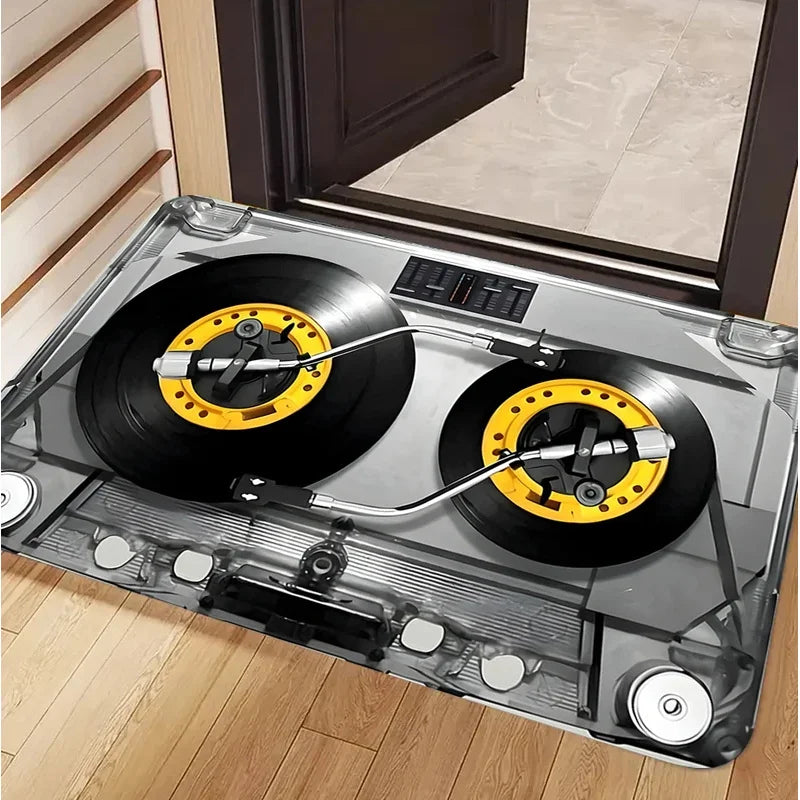 tapis vinyle vintage cassettes notes musique antidérapant rétro salon noir rouge blanc