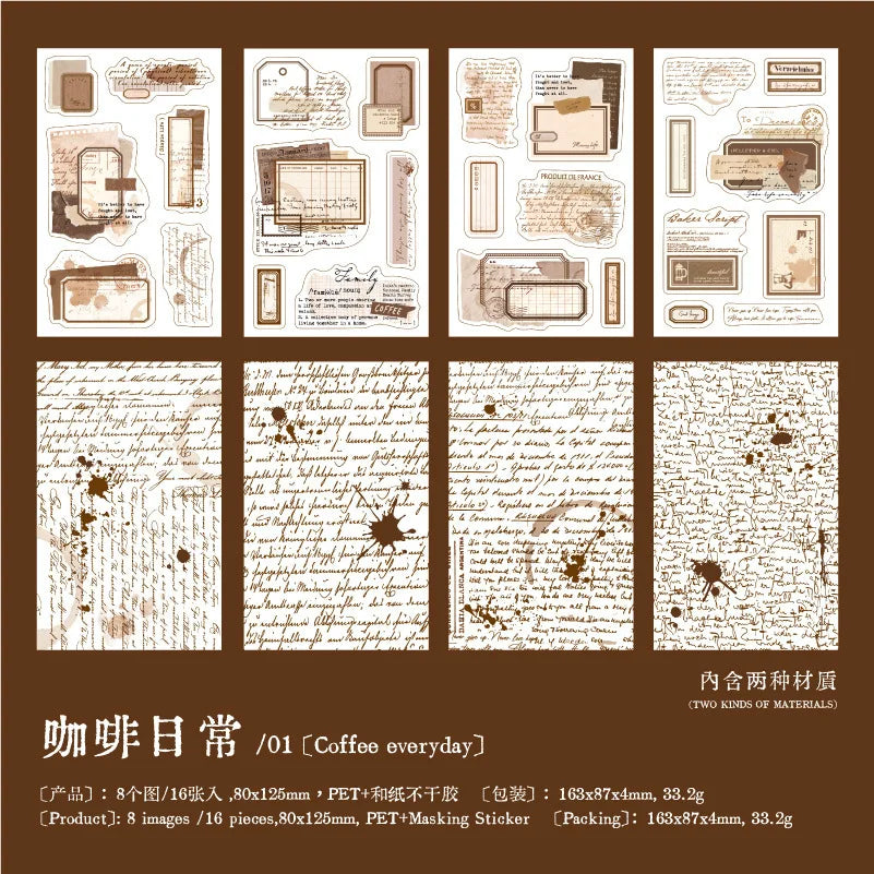 sticker vintage lettres timbres graphiques opaques adhésifs scrapbooking diy journal nostalgie 80x125mm 16pcs