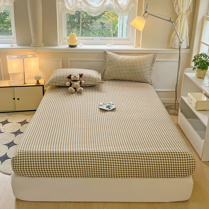 housse lit carreaux bleu clair rose marron jaune polyester 300fil 30tissus moderne adultes