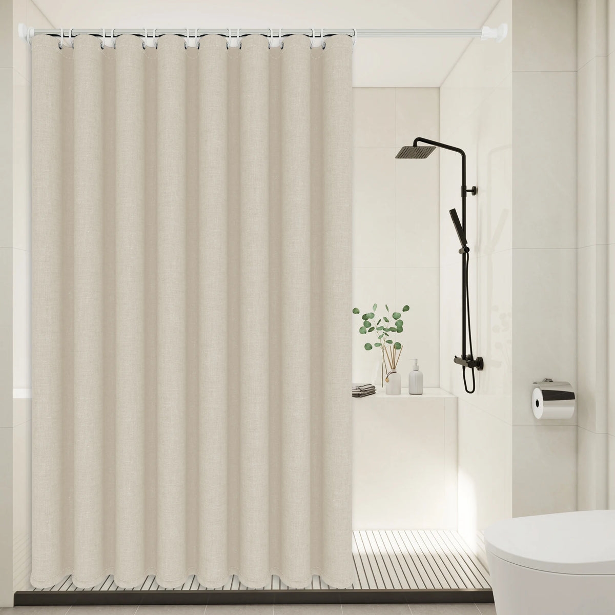 rideau douche beige texturé lin polyester moderne minimaliste opacité totale tringle pesé