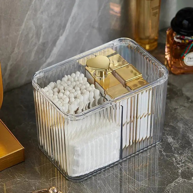 boîte rangement coton tige transparente dorée moderne élégante rayures vertes brillantes poignée dorée cosmétiques