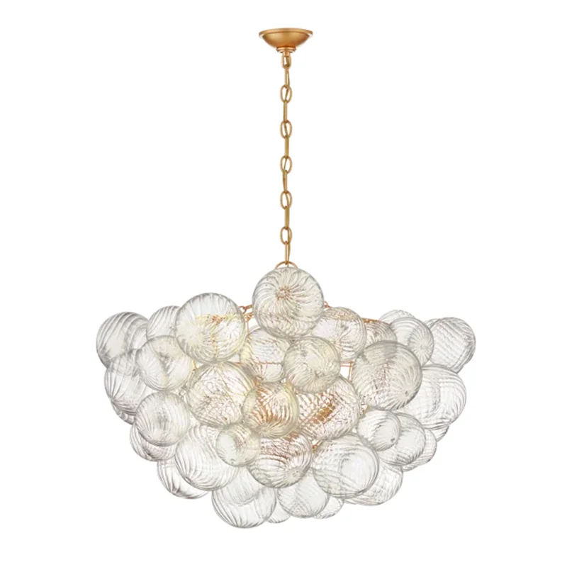 suspension lumineuse moderne élégante transparente billes dorées effet bulles chaîne métallique chambre salon étude