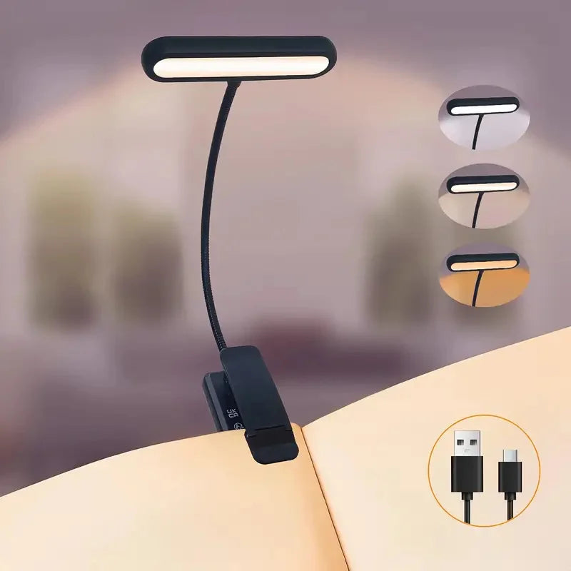 lampe lecture rechargeable led noir blanc intensité variable étude soin yeux moderne minimaliste clip