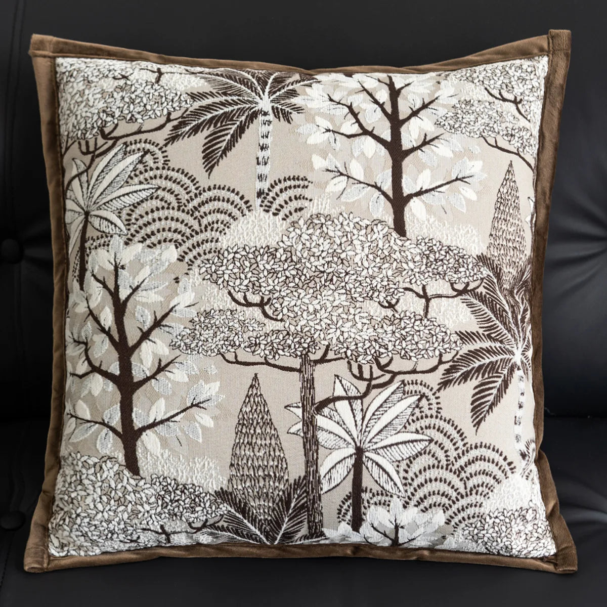 housse coussin marron motif arbre moderne décoration intérieure jacquard polyester 30x50cm 45x45cm fixations