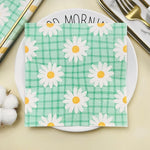 serviettes papier imprimées carreaux fleurs motif vert clair blanc jaune rustique 20 pièces