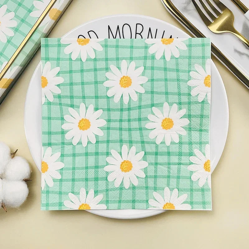serviettes papier imprimées carreaux fleurs motif vert clair blanc jaune rustique 20 pièces