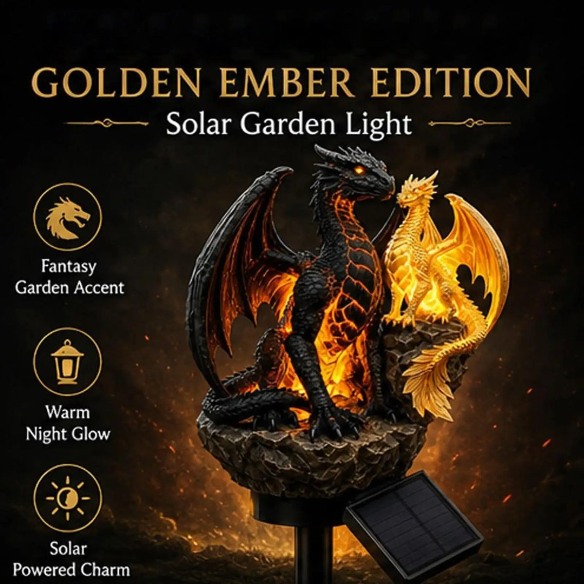 lampe solaire jardin noire orange texturées panneau solaire intégré détails sculptés fantaisie