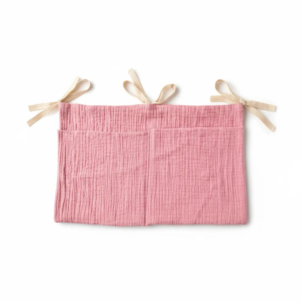 sac rangement lit bébé coton beige bleu rose simple rubans sécurité