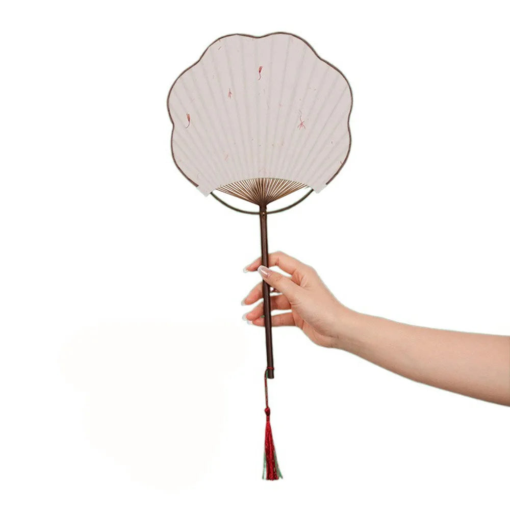 éventail traditionnel classique élégant papier fin motifs floraux poignée bois tassel rouge vert clair