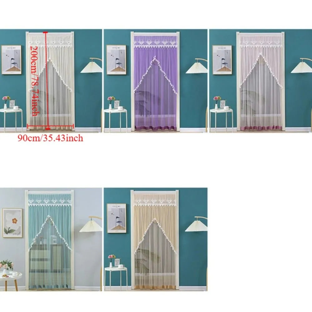 rideau porte décoration dentelle pompons auto adhésif blanc beige violet vertclair