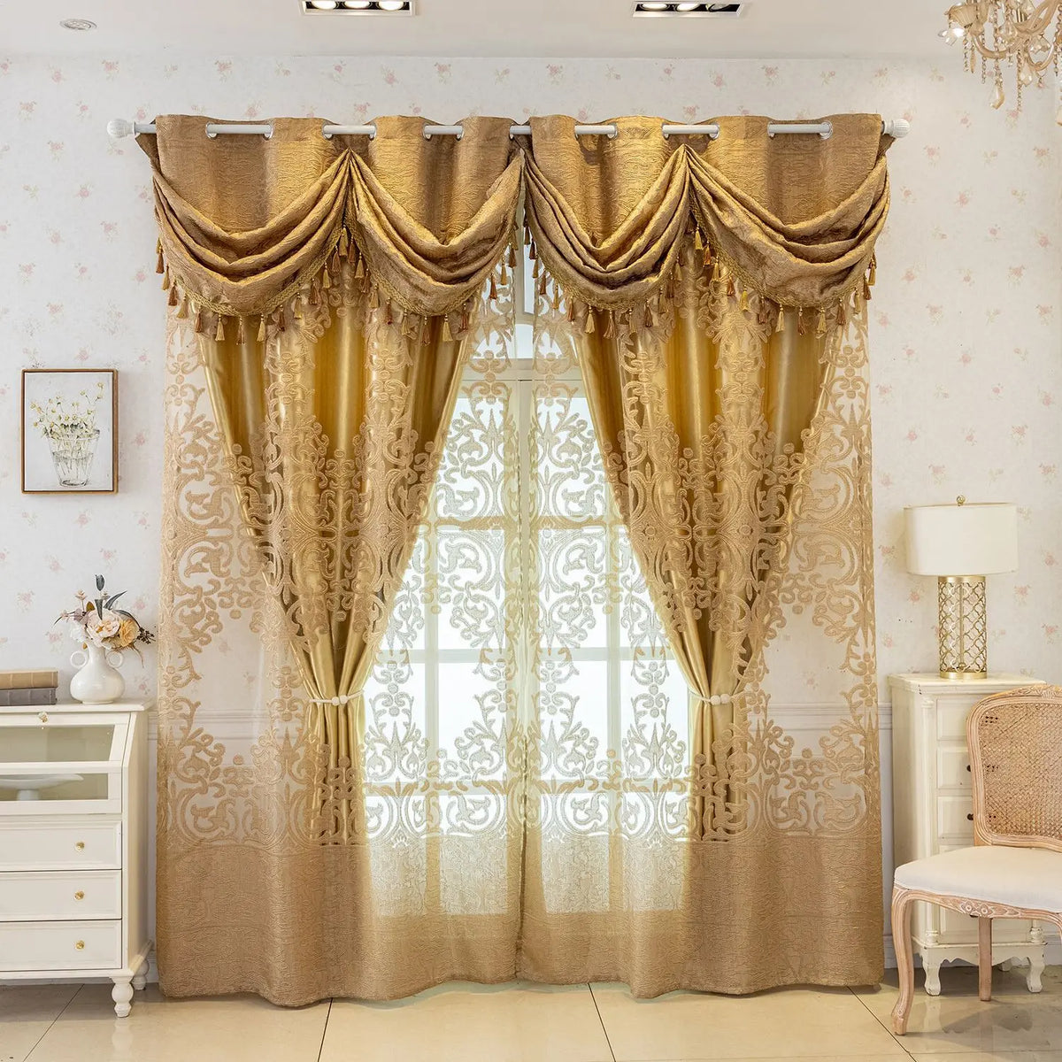 rideaux or floraux polyester semi transparent élégants franges salon chambre