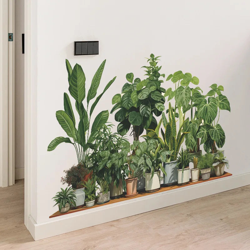 sticker mural plantes pots feuilles diverses moderne minimalisteintérieur décoration vert marron beige blanc