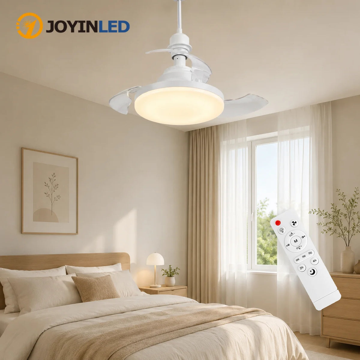 ventilateur rétractable lumière blanc moderne télécommande réglage vitesse luminosité couleur