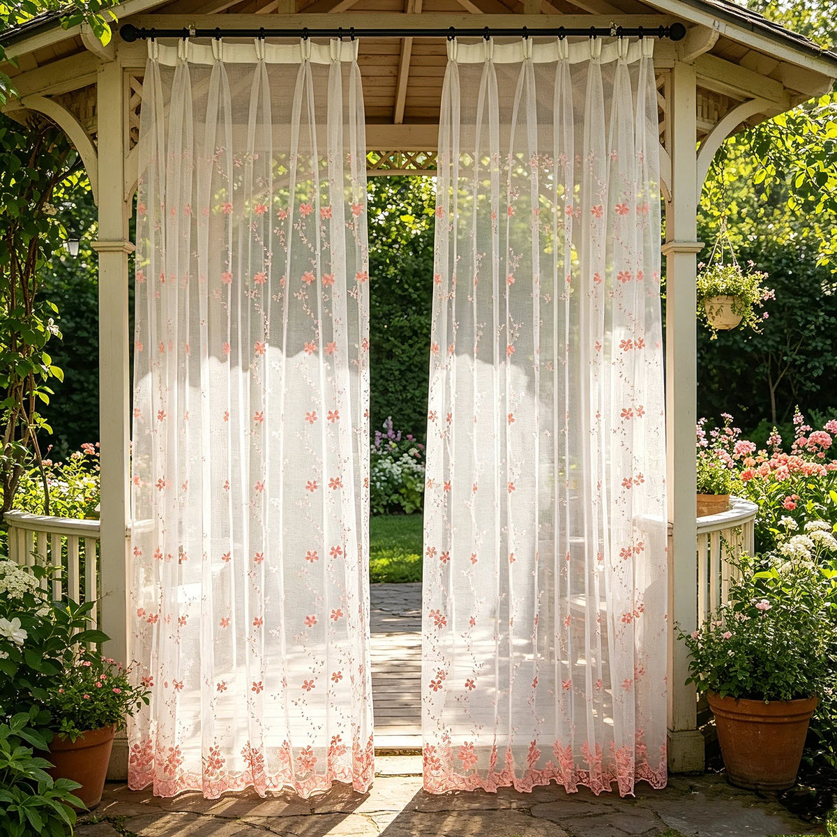 rideau brodé fleurs rose blanc translucide pastoral chambre salonhôtel