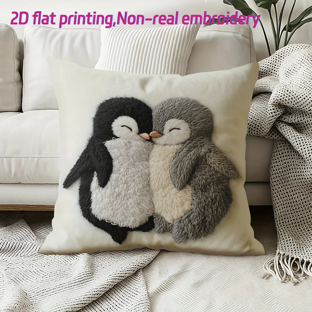 housse coussin penguins relief polyester moderne décoration maison salon chambre zip 40x40cm 45x45cm blanc