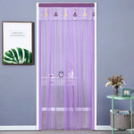 rideau porte decoratif rose violet turquoise personnages enfants plissures bordure motifs translucide enfantin barre