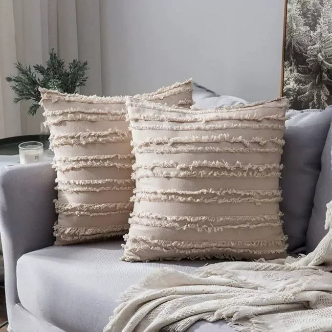 housses coussins boho chic beige franges opacité jacquard respectueux environnement non toxique moderne canapé