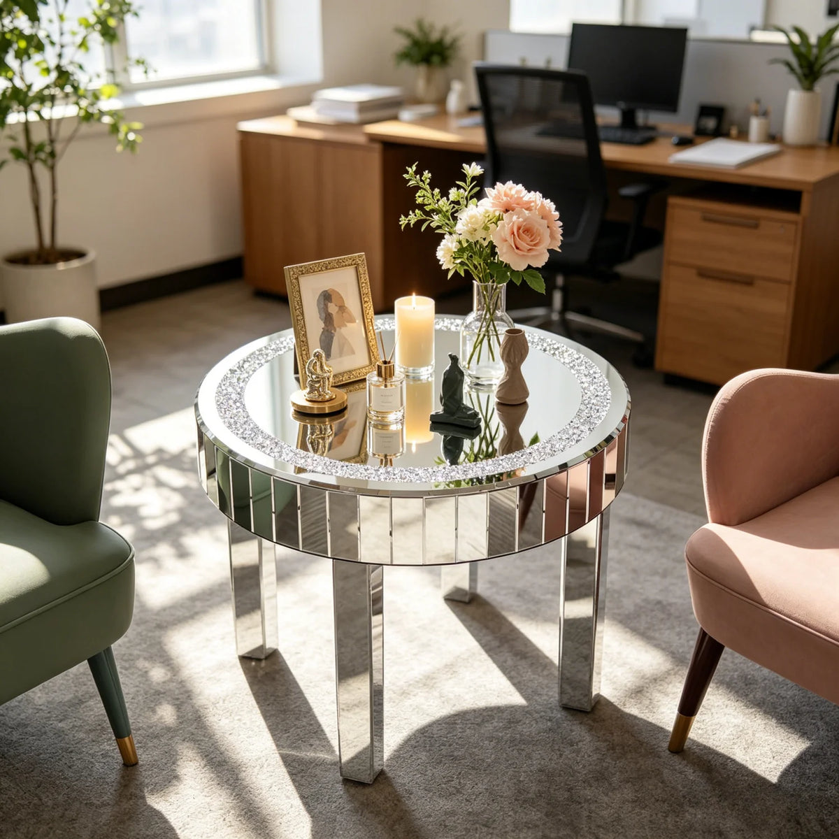 table d'appoint ronde argentée strass moderne élégante pieds simples transparente minimaliste