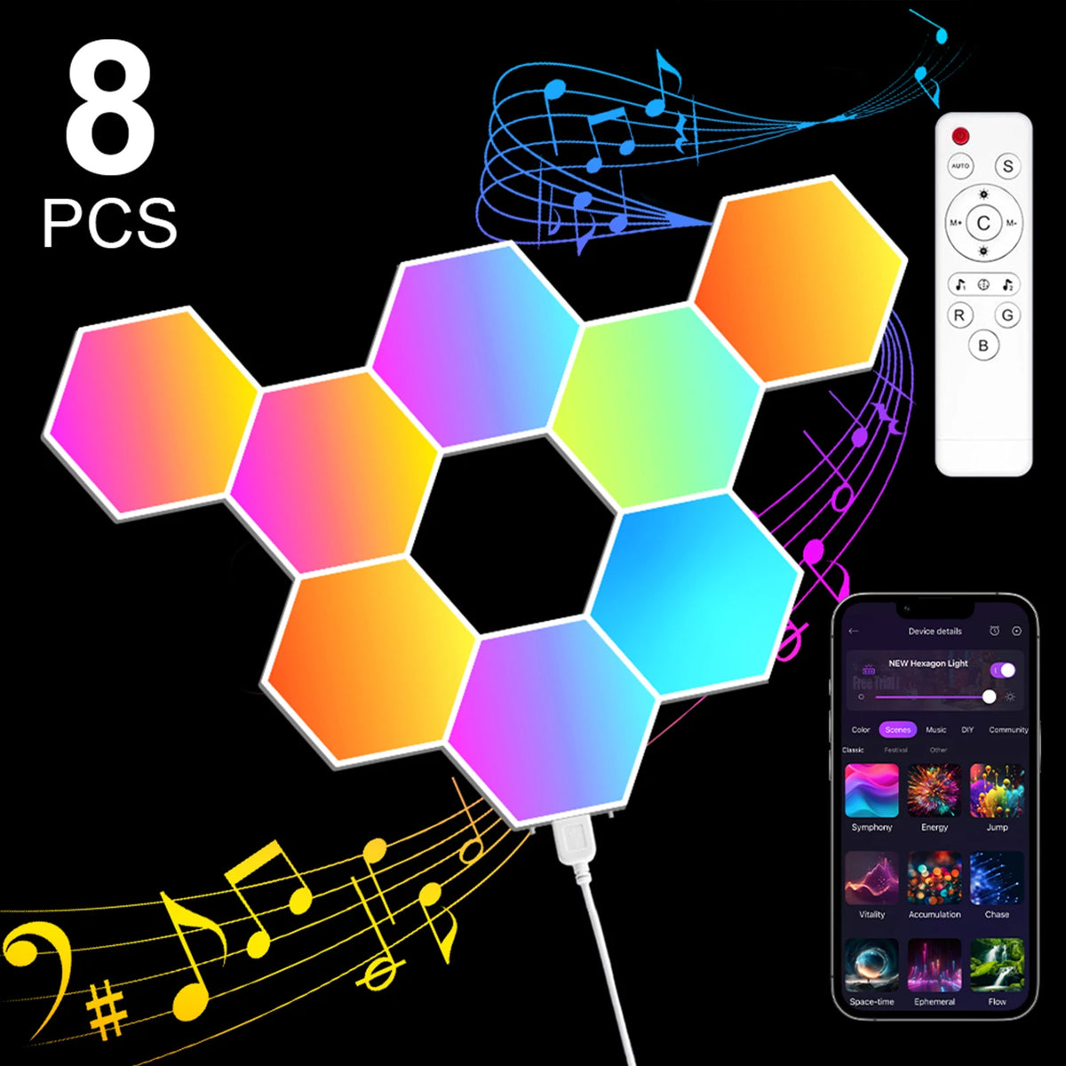 lampe murale hexagonale multicolore modulaire télécommande application moderne portable adjustable folding