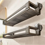 étagère salle bain argentée suction cup moderne minimaliste rangement bouteilles cosmétiques serviettes accessoires