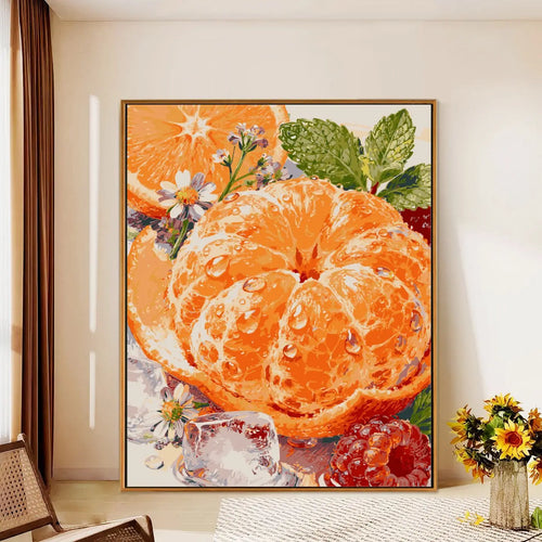peinture numéro fleurs fruits orange verte toile impressionniste floral cadre doré brosse couleurs