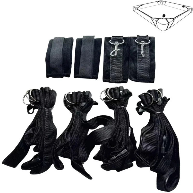 ensemble retenues lit noir tissu texturé bracelets sangles boucles réglables érotique bdsm