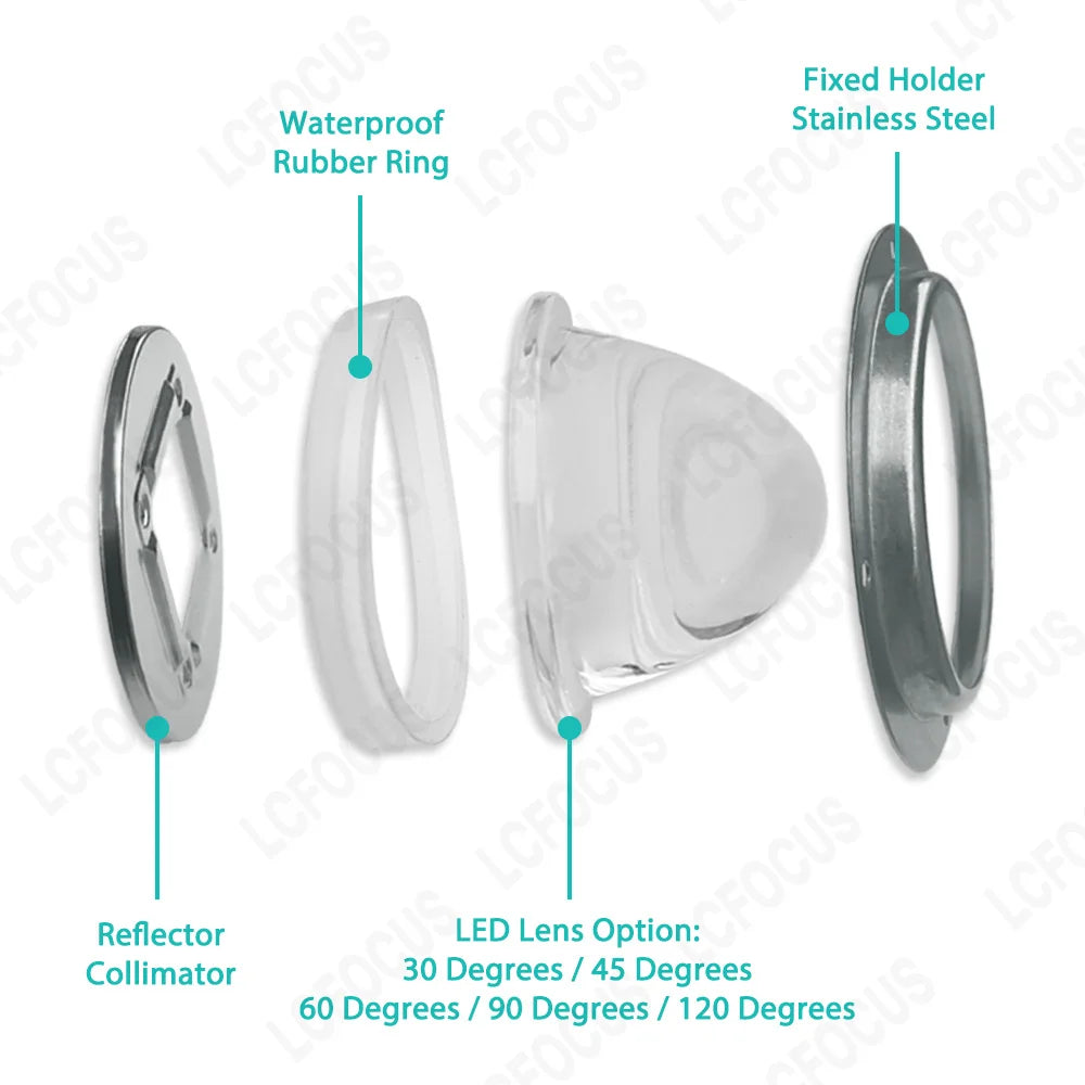 lentille led transparente verre optique 78mm 30 45 60 90 120 degrés support fixe