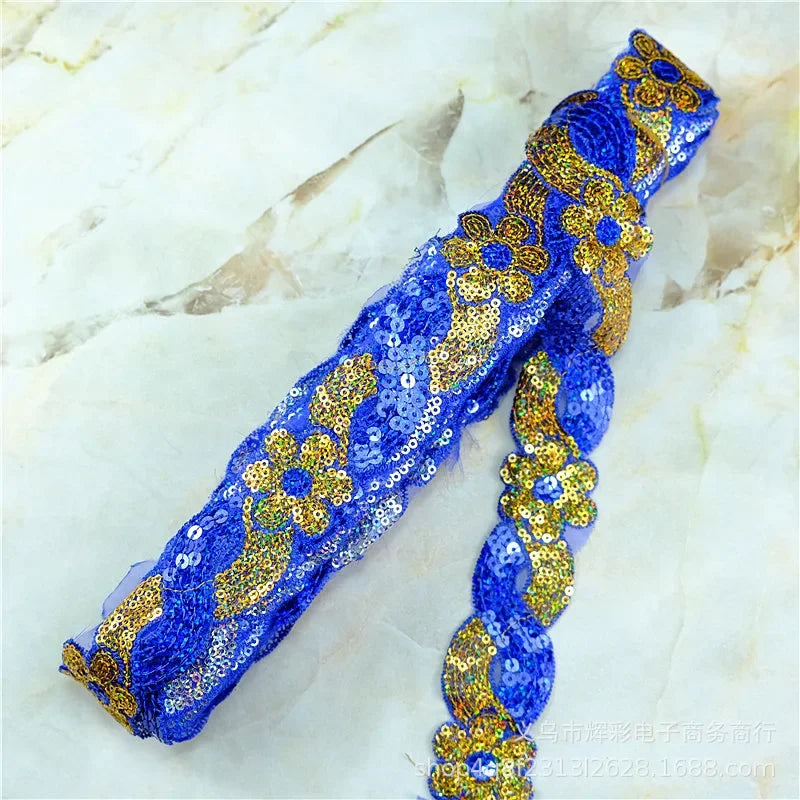 ruban décoratif dentelle sequins fleurs 4cm bleu vert rouge rose or argent partie