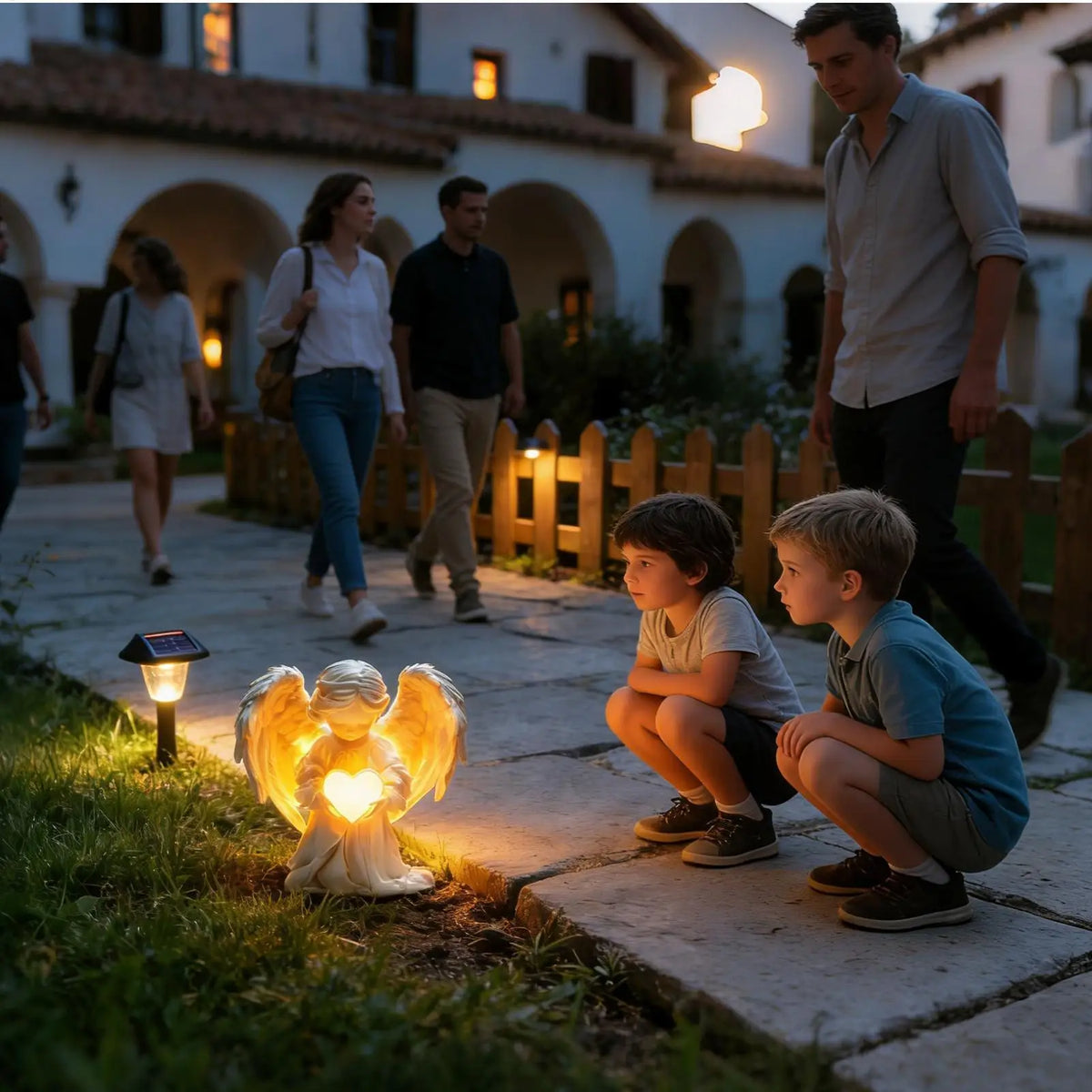 décoration extérieure ange cœur lumineux blanc doré jardin fleuri sol veranda farmhouse