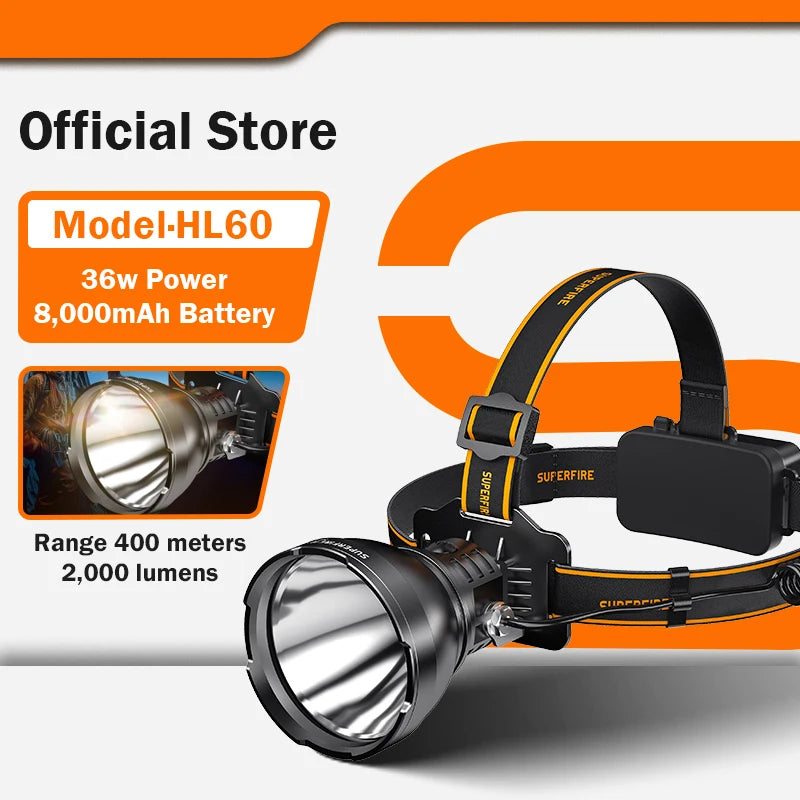lampe frontale led rechargeable 36w usb noir batteries superfire inclinable camping pêche