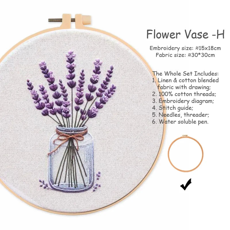 kit broderie fleurs vases multicolore traditionnel anneaux bois guide couture aiguilles fil coton