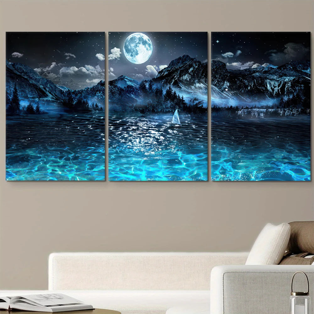 tableaux decoratifs toile paysage nuit montagnes lune moderne sans cadre bleu noir blanc gris