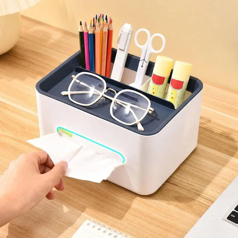 boîte rangement multifonctionnelle blanche bleu marine moderne organisateur accessoires lunettes crayons ciseaux écouteurs maquillage