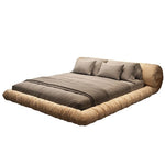 lit moderne minimaliste bois beige gris velours tissu uni chambre double king sizeSuspension