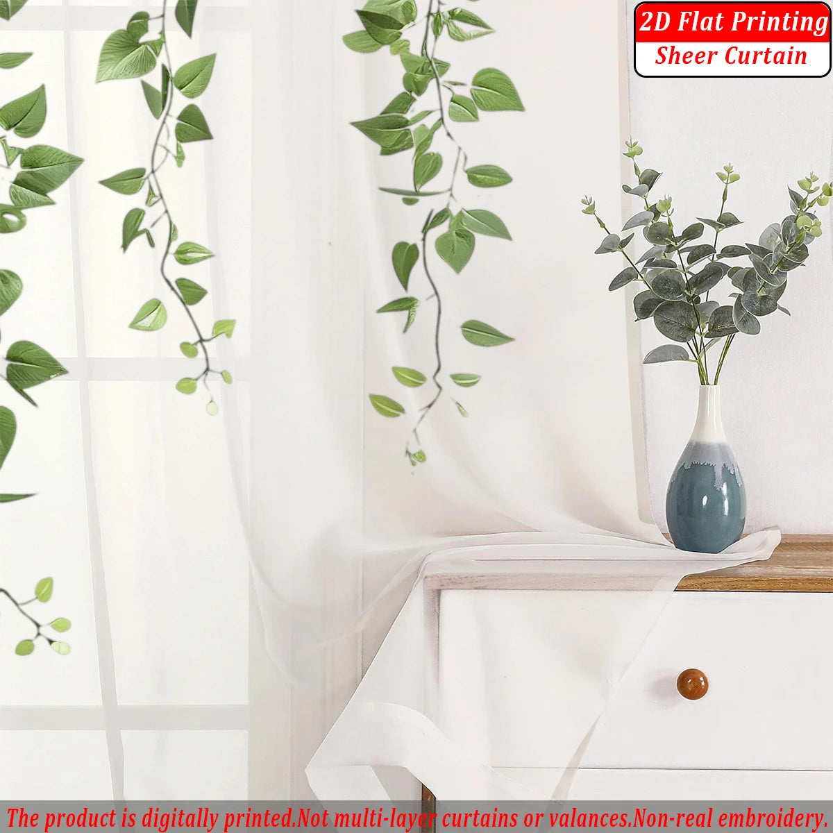 rideau fin imprimé lierre vert transparent bohème salon chambre maison tringle métallique