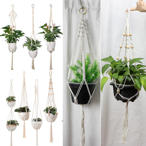 support plante suspendue macramé blanc fait main décoration jardin intérieur boho corde coton