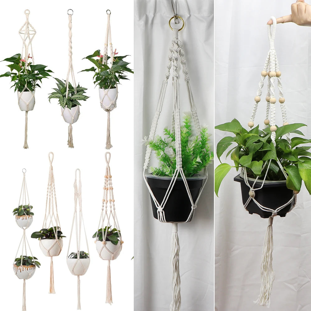 support plante suspendue macramé blanc fait main décoration jardin intérieur boho corde coton