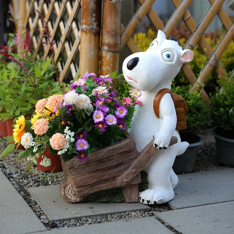 statue ours brouette fleurs artificielles brouette bois décor jardin floor decoration succulent container