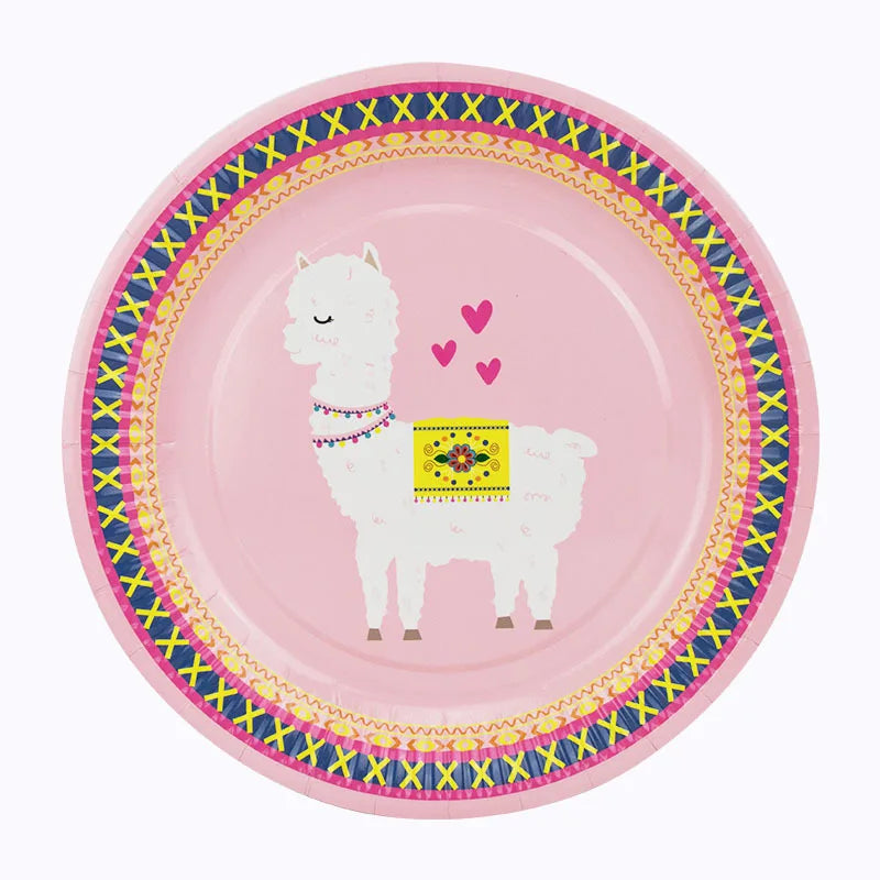 assiettes papier motif ethnique gobelets serviettes colorées alpaga coeurs rose bleu vert clair