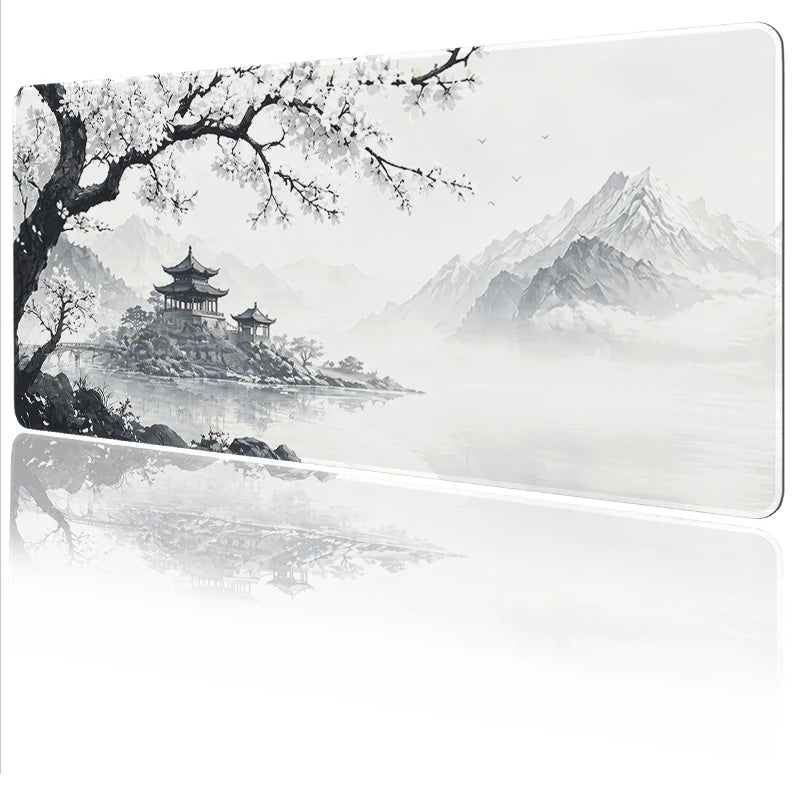 tapis souris caoutchouc antidérapant noir blanc paysage oriental branches fleuries traditionnel artiste 900x400mm
